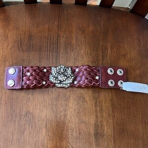 NWT Leather Cuff braided wristband with crystal rose embellishment. Adjustable
